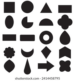 Set of 20 geometric basic Shapes worksheet. black silhouette large collection basic figures isolated on white Background.