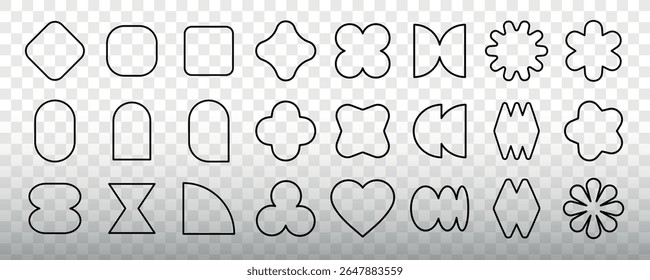 Set of 20 geometric shapes with black outlines on a transparent background. Includes circles, squares, and stars. Geometric shapes for design projects. Element vector collection.