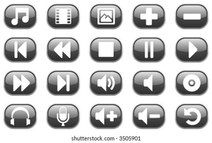 Set of 20 glossy black multimedia audio and video icons.