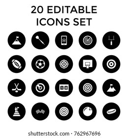 Set of 20 goal filled icons such as bowling ball, hockey puck, target, finish flag, football on phone, basketball basket, goal post, sport score, hockey, dart