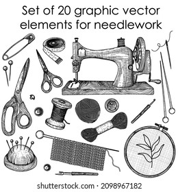 A set of 20 graphic vector elements for needlework. Sewing machine, knitting needles, knitting hook, thread, needle, pins, hairpin, embroidery on the ring, buttons, steamer, scissors, measuring tape