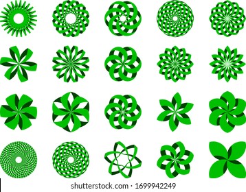 Set of 20 green abstract 3d illustrations icons in vector format. Can be used as logo, in branding or for different graphic design layouts. Clipart element.