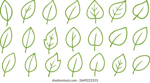 Set of 20 green leaf outline icons in hand-drawn style. Clean botanical elements for eco-friendly design, organic branding, packaging, and nature-themed visuals