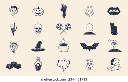 Conjunto de 20 iconos de Halloween. Etiqueta de Halloween. Calabaza, calavera, labios de vampiro, murciélago, fantasma, bruja, zombie, diablo. Imprimir para camiseta. Ilustración del vector