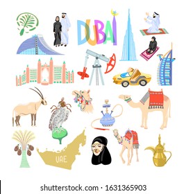 set of 20 hand drawing icon symbol from Dubai, United Arab Emirates, Middle East, vector illustration collection