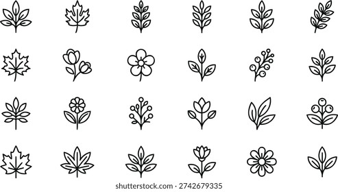 Set of 20 hand drawn botanical leaves and flowers vector illustration flat design