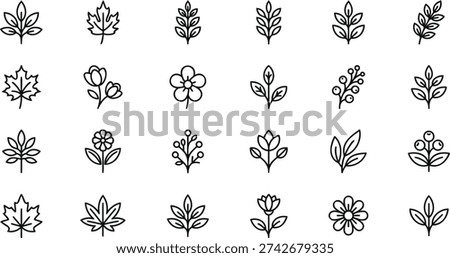 Set of 20 hand drawn botanical leaves and flowers vector illustration flat design
