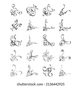 Set aus 20 handgezeichneten Rahmenecken. Verschiedene Design-Elemente für Grußkarten, Hochzeitseinladungen. Vektorgrafik auf weißem Hintergrund.