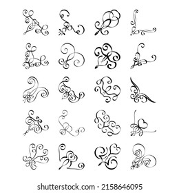 Set of 20 hand drawn frame corners. Various design elements for greeting cards, wedding invitations. Vector illustration on white background.