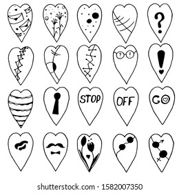 Set of 20 hand drawn hearts. Valentine's Day hearts on a white background. Vector illustration in doodle style. Line art. Ideal for decorating postcards, doors, website, printing on fabric. EPS10.