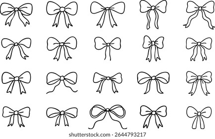 Conjunto de 20 arcos de fita desenhados à mão em estilo de contorno preto. Perfeito para embrulho de presente, designs de casamento, decoração de festa e projetos gráficos femininos. Vetor EPS 10