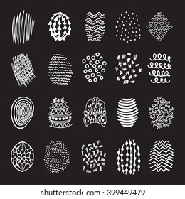 Set of 20 hand drawn textures design elements, doodles patterns of pen art and pencil, vector isolated. 