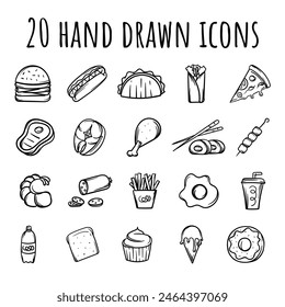 Set of 20 hand drawn vector black and white icons related to groceries, junk food and fast food
