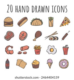 Set of 20 hand drawn vector color icons related to groceries, junk food and fast food