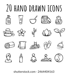 Set of 20 hand drawn vector color icons related to spa, beauty and health