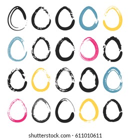 Set of 20 handdrawn doodle eggs. Hand painted vector scalable ovals isolated on white background. Real brush stroke texture. Design elements for Easter decoration