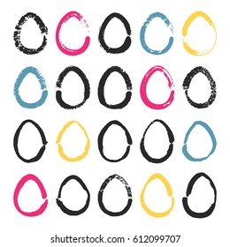Set of 20 handdrawn doodle eggs. Hand painted vector scalable ovals isolated on white background. Real brush stroke texture. Design elements for Easter decoration