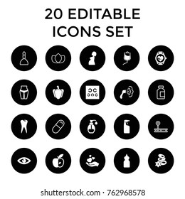Set of 20 health filled and outline icons such as spa stones, shower, cleanser, waist fitness, apple, tooth, eye, soap, pepper, hand holding heart, drop counter