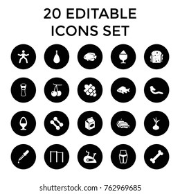 Set of 20 healthy filled icons such as onion, cherry, fish, pipette, grape, milk glass, milkshake, sandwich, sandwich and apple, take away food, dumbbell, waist fitness