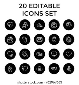 Set of 20 heart outline icons such as house, heartbeat, stethoscope, stopwatch, bandage, family, gay couple, minus favorite, heart face, folder with heart, love letter