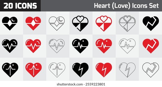 A set of 20 heart-themed vector icons featuring various designs like broken hearts, pulse lines, geometric patterns, and outlines in black, red, and white styles.