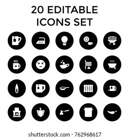 Set of 20 hot filled icons such as dish, iron, coffee, sweating emot, air balloon, fireplace, tea cup, pepper, cup with heart, bbq, tea, pan, turk, flame, heating system