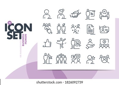 Set of 20 Human Resource Management thin line vector icons.
Business person. Work, office. 