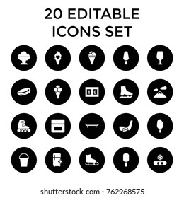 Set of 20 ice filled icons such as cream, cocktail, clean fridge, snowflake, ice cream, hockey puck, mountain, skating, bucket, sport score, hockey stick and puck