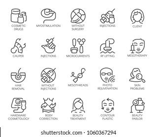 Set of 20 icons on cosmetology theme. Labels isolated. Beauty therapy, medicine, healthcare, wellness treatment linear symbols. Correction, rejuvenation, anti-aging procedure logo. Vector graphic