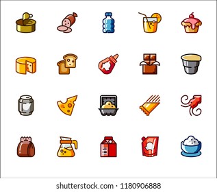 Set of 20 icons on food and drinks theme. Label for supermarkets, markets, stores. Color pictograms on culinary and gastronomic series. Grocery buttons. Vector illustration isolated on white