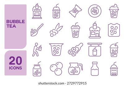 Set of 20 icons related to bubble tea, Vector illustration