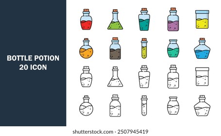 Set of 20 icons related to potion bottle. Vector illustration.