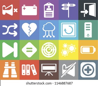 Set Of 20 icons such as Add, Muted, Television, Archive, Binoculars, Exit, Battery, Radar, Next, Dislike, Restart, Mute, Server, Id card, web UI editable icon pack, pixel perfect