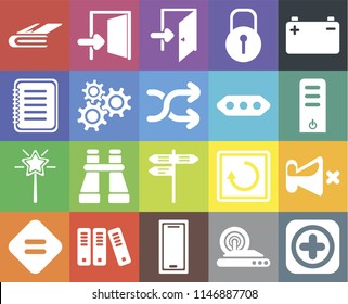 Set Of 20 icons such as Add, Wireless internet, Smartphone, Archive, Equal, Battery, Mute, Street, Magic wand, Settings, More, Notebook, Server, Exit, web UI editable icon pack, pixel perfect