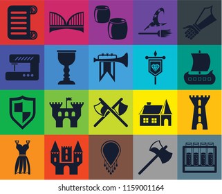 Set Of 20 icons such as Alchemy, Axe, Necklace, Castle, Gown, Gauntlet, Tower, Axes, Shield, Goblet, Banner, Scroll, Viking ship, Beer, transparency icon pack, pixel perfect