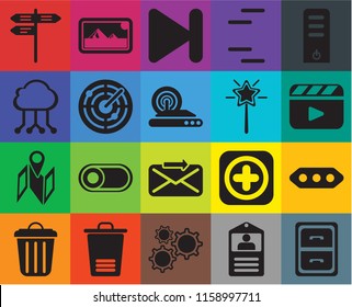 Set Of 20 icons such as Archive, Id card, Settings, Trash, Garbage, Server, More, Send, Map, Radar, Magic wand, Street, Video player, Next, transparency icon pack, pixel perfect