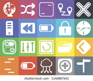 Set Of 20 icons such as, Add, Cloud computing, Battery, Lines, Multiply, Back, Restart, Switch, Rewind, Locked, Worldwide, Clock, Frame, web UI editable icon pack, pixel perfect
