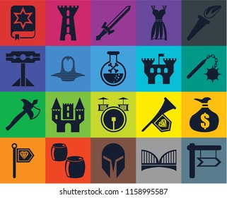 Set Of 20 icons such as, Bridge, Helmet, Beer, Standard, Torch, Money bag, Drum, Axe, Coif, Castle, Spellbook, Morning star, Sword, transparency icon pack, pixel perfect