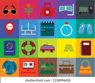 Set Of 20 icons such as Bag, Suitcase, Forest, Booking, Globe, Trailer, Notebook, Minivan, Passport, Waiting room, Ring, Sunglasses, Flip flops, Photography, transparency icon pack, pixel perfect