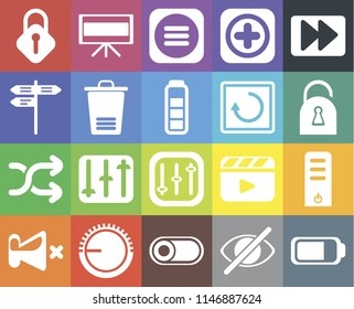 Set Of 20 icons such as Battery, Hide, Switch, Volume control, Mute, Fast forward, Server, Controls, Shuffle, Trash, Restart, Lock, Locked, Menu, web UI editable icon pack, pixel perfect
