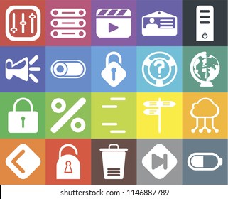 Set Of 20 icons such as Battery, Skip, Trash, Locked, Back, Server, Cloud computing, Lines, Switch, Help, Controls, Worldwide, Video player, web UI editable icon pack, pixel perfect