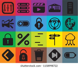 Set Of 20 icons such as Battery, Skip, Trash, Locked, Back, Server, Cloud computing, Lines, Switch, Help, Controls, Worldwide, Video player, transparency icon pack, pixel perfect