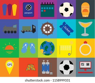 Set Of 20 icons such as Booking, Ball, Oxygen tank, Swimsuit, Gps, Sun protection, Ring, Globe, Sunset, Trailer, Tickets, Surfing, Cocktail, Calendar, transparency icon pack, pixel perfect