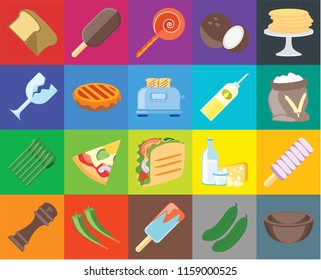 Set Of 20 icons such as Bowl, Cucumber, Ice cream, Pepper, Pancakes, Taco, Asparagus, Pie, Oil, Bread, Flour, Jawbreaker, transparency icon pack, pixel perfect