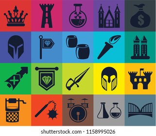 Set Of 20 icons such as Bridge, Alchemy, Drum, Morning star, Water well, Money bag, Castle, Dagger, Lance, Standard, Torch, Crown, Tower, Poison, transparency icon pack, pixel perfect