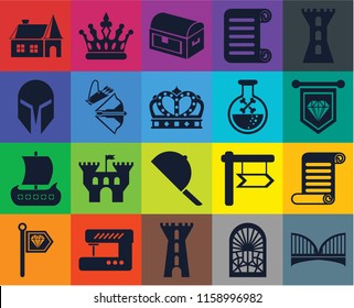 Set Of 20 icons such as Bridge, Stained glass window, Tower, Sewing machine, Standard, Scroll, Hat, Viking ship, Crossbow, Poison, House, Chest, transparency icon pack, pixel perfect