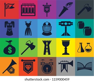 Set Of 20 icons such as Bridge, Fanfare, Drum, Standard, Axe, Alchemy, Tower, Money bag, Gown, Pillory, Flag, Beer, Banner, transparency icon pack, pixel perfect