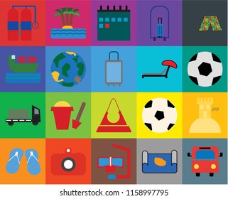 Set Of 20 icons such as Bus, Map, Snorkel, Camera, Flip flops, Swimsuit, Sand castle, Purse, Trailer, Globe, Sunbed, Aqualung, Ball, Calendar, transparency icon pack, pixel perfect