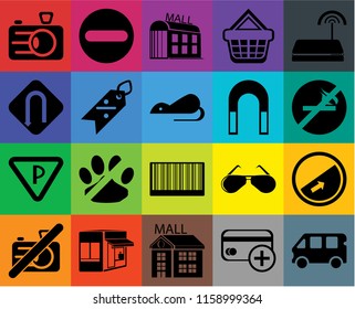 Set Of 20 icons such as Bus, Cit card, Mall, Store, No camera, Wifi, Slope, Barcode, Parking, Discount, Magnet, Camera, smoking, transparency icon pack, pixel perfect