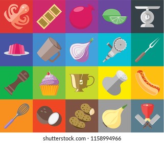 Set Of 20 icons such as Butcher, Onion, Potatoes, Coconut, Whisk, Scale, Hot dog, Tea, Pepper, Mug, Grinder, Octopus, Fork, Pomegranate, transparency icon pack, pixel perfect